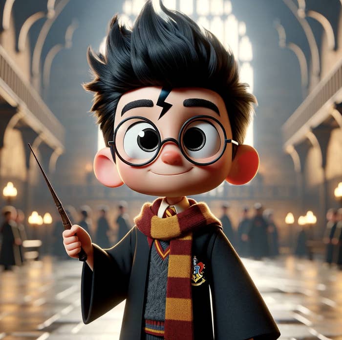Animated character resembling Harry Potter in Hogwarts, holding a wand, with a whimsical expression