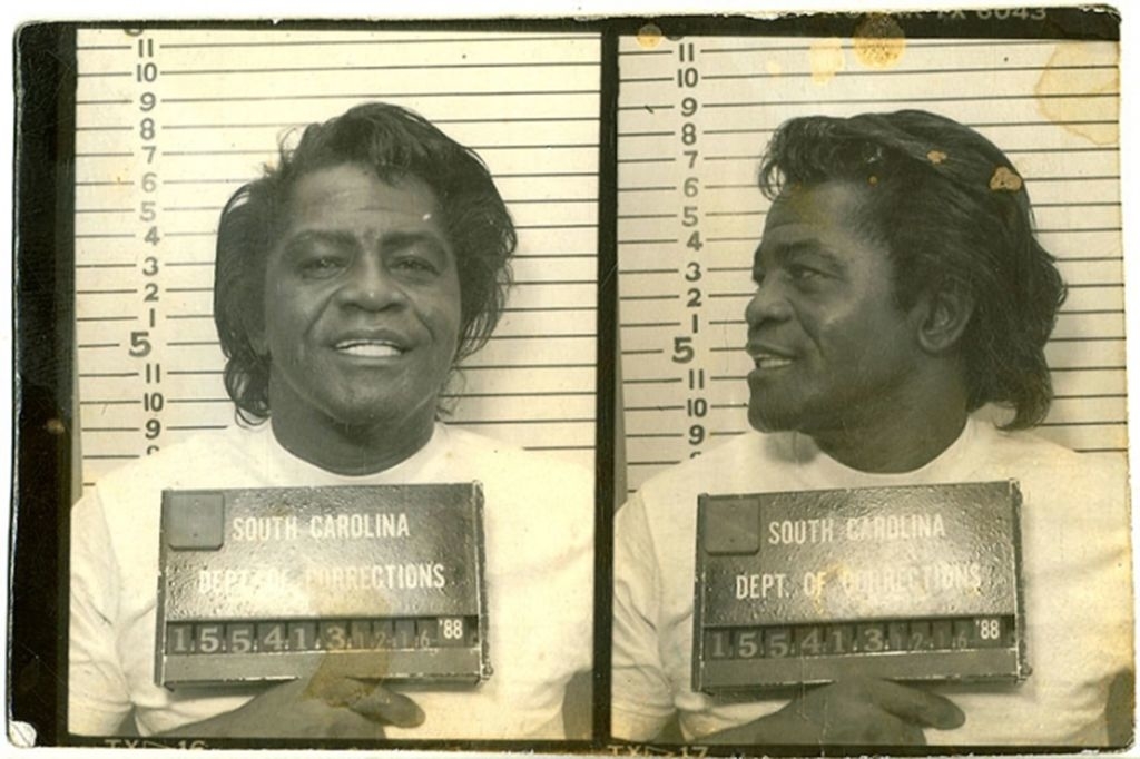 Front and profile views of James Brown&#x27;s mugshot with an identification placard