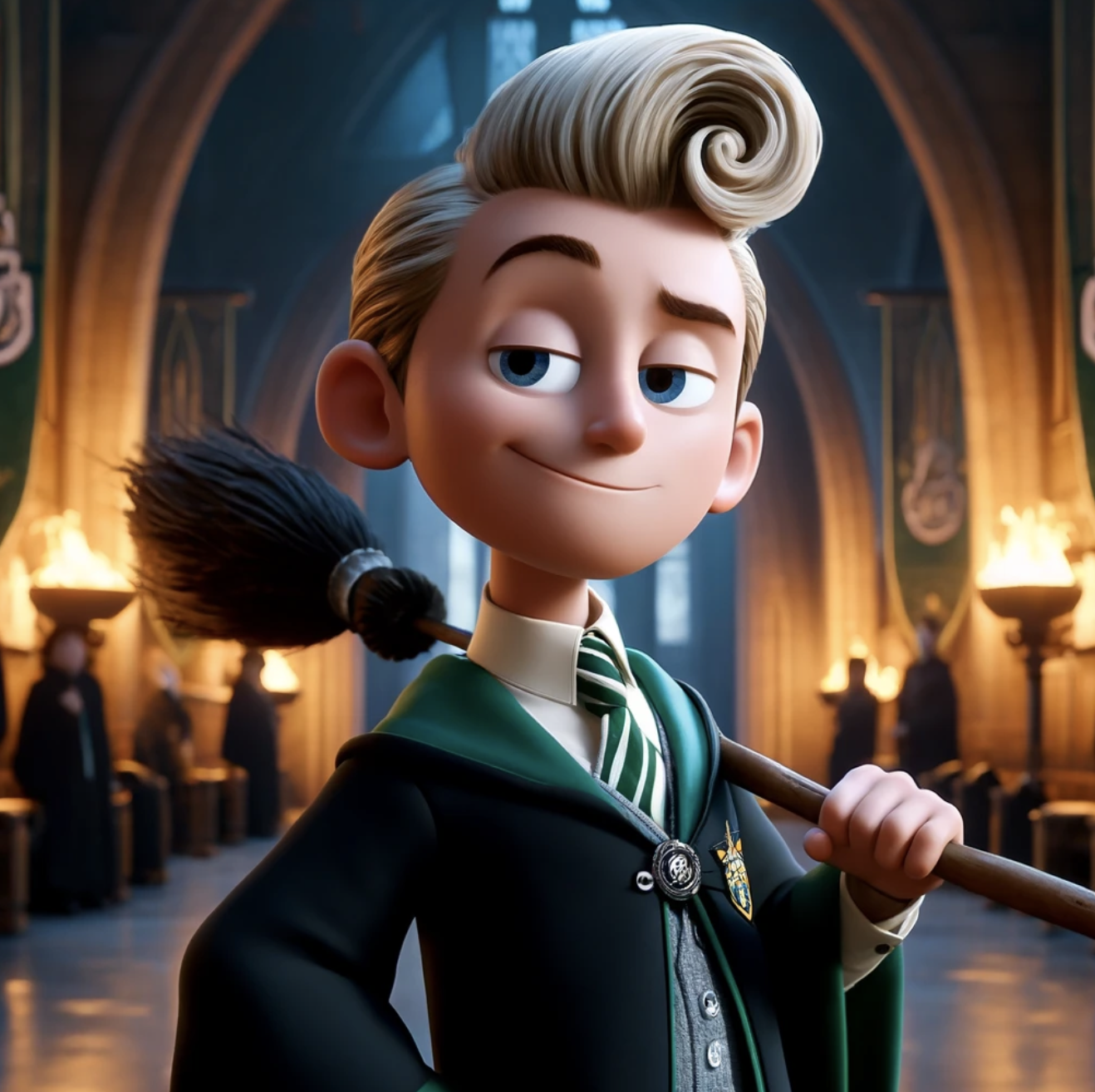 Animated character &#x27;Edgar&#x27; from the film &#x27;The Willoughbys&#x27;, holding a broom in an ornate room