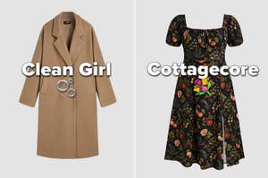 Two styles displayed: "Clean Girl" with a simple beige coat and "Cottagecore" with a floral dress