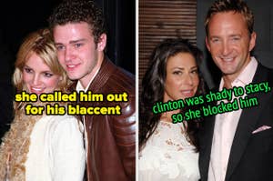 Left: Britney Spears and Justin Timberlake pose together. Right: Stacy Keibler angry at Clinton Kelly. Text overlay on drama details