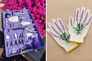 Gardening kit with tools and printed gloves against flowers