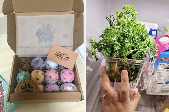 on left: box of assorted bath bombs; on right: reviewer holding fresh herb keeper