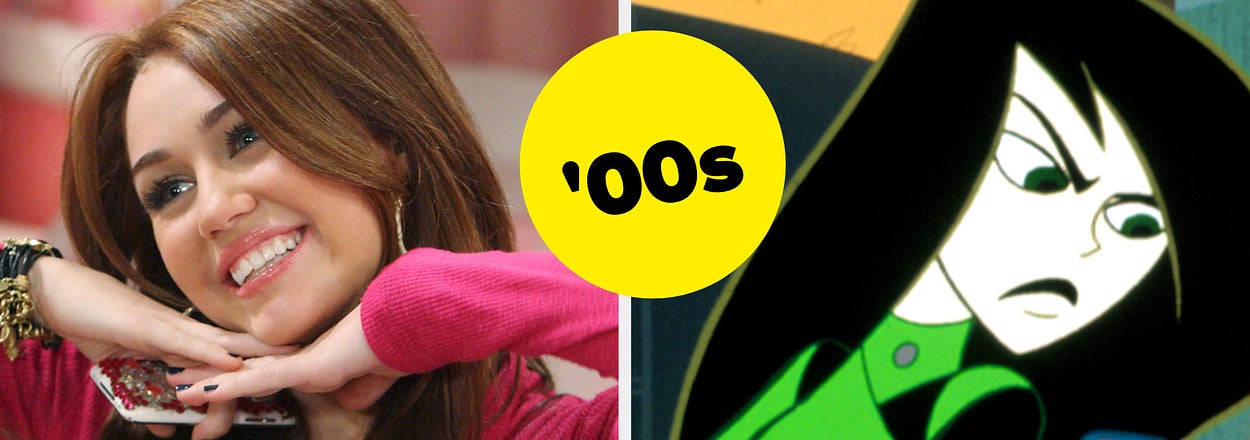 Split image featuring Miley Cyrus as Hannah Montana and the animated character Shego from Kim Possible, representing 2000s pop culture icons