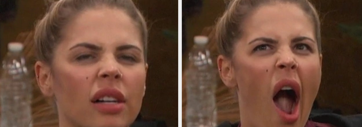 Two side-by-side expressions of a woman with a bun, mouth closed in the first and wide open in the second