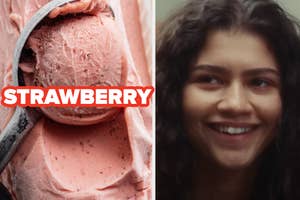 Left: Close-up of strawberry ice cream. Right: Rue Smiling with curly hair