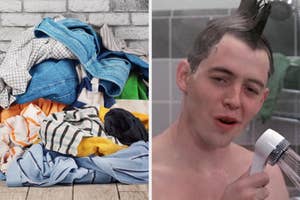 On the left, a pile of clothes, and on the right, Ferris Bueller singing in the shower with his hair formed into a mohawk