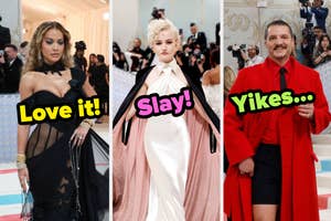 Rita Ora in a black sheer dress, Julia Garner in a white dress and pink cape, Pedro Pascal in a red suit and shorts.