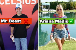 Two images side by side; left features a person in casual attire at an event; right shows another person in a cropped top and denim shorts at an outdoor venue