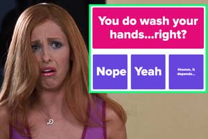 Sarah Michelle Gellar contorting her face in disgust as Daphne in Scooby Doo next to a screenshot of the question you do wash your hands right