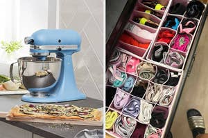 Blue stand mixer on kitchen counter; organized drawer with rolled clothes and shoes