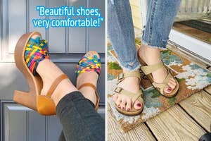 Two different styles of sandals, one with colorful straps, the other with neutral tones