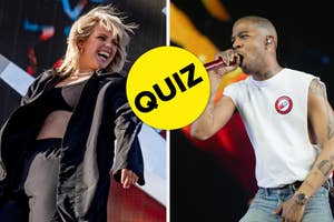 Two performers on stage, a quiz graphic overlaid; one in a flowing top and blazer, the other in a sleeveless tee