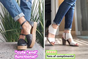 Two side-by-side photos showcasing women's wedge sandals with quotes praising their style and comfort