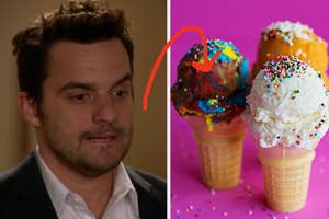 Jake Johnson in a suit on the left; three ice cream cones with sprinkles on the right