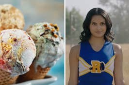 Two images side by side; left shows three scoops of ice cream in a cone, right is actress in cheerleader outfit with "R" emblem