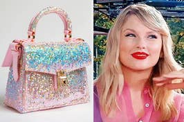 Bedazzled handbag next to Taylor Swift in a pink blouse smiling