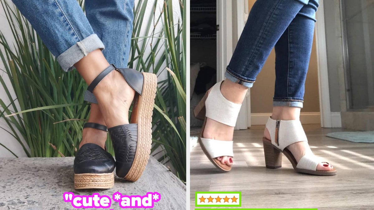 Two side-by-side photos showcasing women's wedge sandals with quotes praising their style and comfort