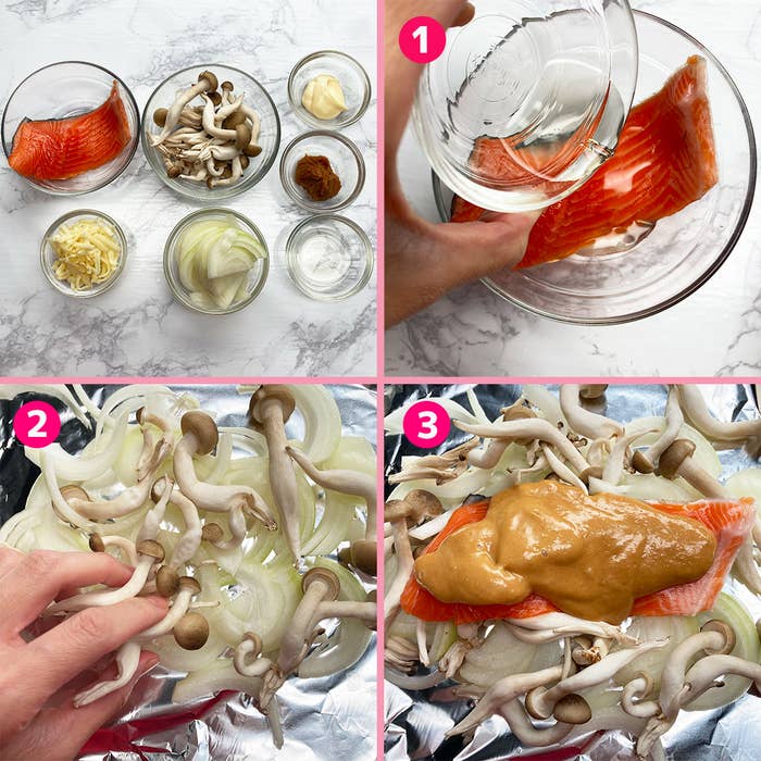 材料と調理手順を示す4枚の画像。1枚目は鮭に調味料を注ぐ様子、他は材料を混ぜ合わせる工程。