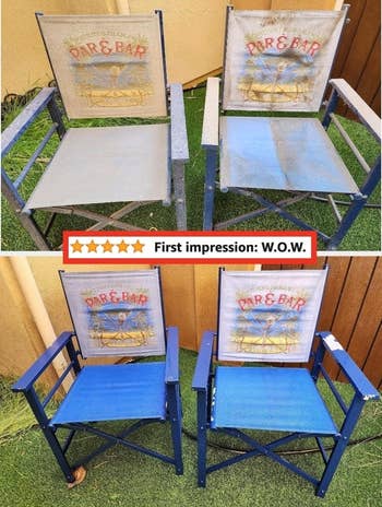 Before and after photos of a reviewer's two refurbished chairs with new blue fabric and paint
