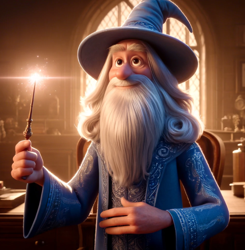 Merlin from animated film stands with wand in a sunlit, magical library setting