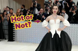 Lily Collins in a black and white gown with photographers in the background. Text: "Hot or Not?"