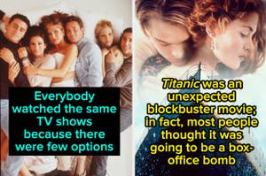 Split image: Left shows the cast of Friends; right has Titanic poster with Jack and Rose. Text on both images about media impact