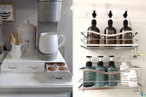 Organized kitchen counter with coffee maker, and bathroom shelf with hair care products