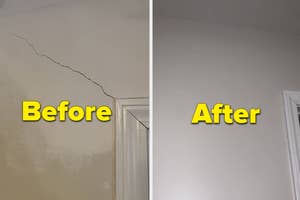 Before and after comparison of a wall, showing crack repair above a door frame