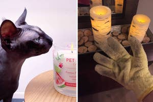 A cat sniffing a candle on a table; a hand in a textured glove lighting pillar candles