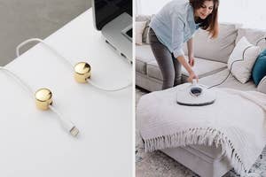 Magnetic cable holder next to a laptop; a woman smoothing out a blanket with an iron on a couch