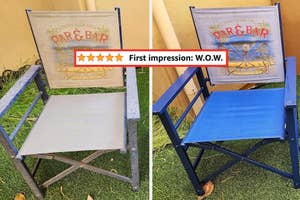Before and after of a canvas chair, left side dirty and faded, right side clean and vibrant, with text "First impression: W.O.W."