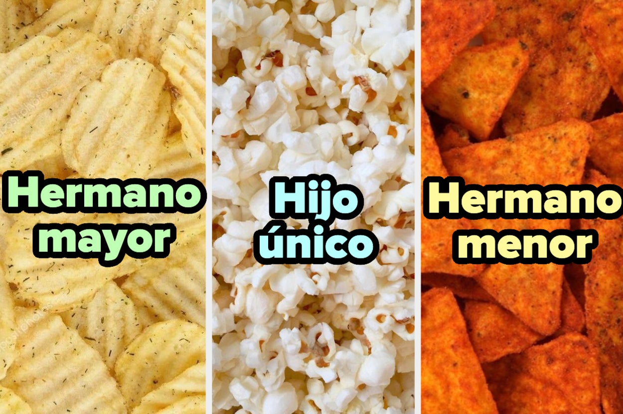 Imagen dividida en tres partes con papas fritas, palomitas y nachos representando hermano mayor, hijo único y hermano menor