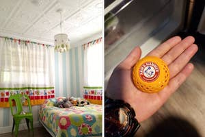 Left: A child's bedroom with a bed and toys. Right: Hand holding a yellow practice golf ball with logo