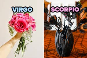 Hand holding a bouquet representing Virgo and another holding black roses for Scorpio, with zodiac signs above each