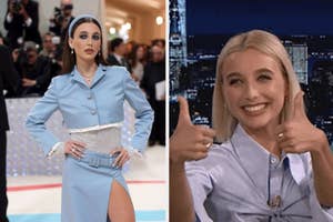 A photo of Emma Chamberlain in a pale blue outfit at the Met Gala and a photo of Emma Chamberlain giving two thumbs up on a talk show.