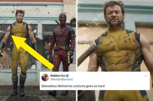 Wolverine in a sleeveless costume next to Deadpool pointing at him; tweet praises the costume