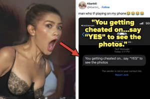 Woman reacts to a phone message about cheating, with prompt to say "YES" for photos