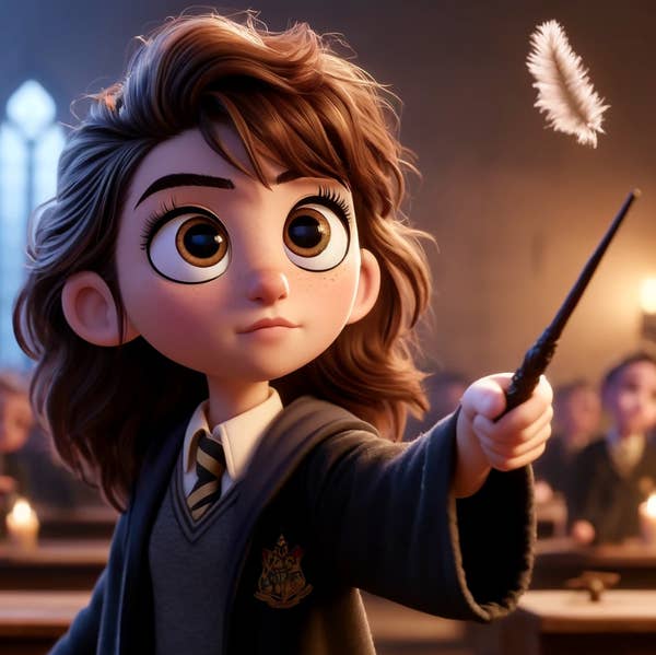 Animated character Hermione from &quot;Harry Potter&quot; in a classroom holding up a wand with a feather floating