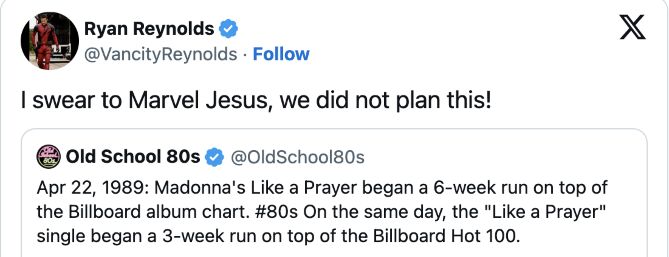 Tweet by Ryan Reynolds expressing surprise, referencing a tweet about Madonna&#x27;s &quot;Like a Prayer&quot; coincidences