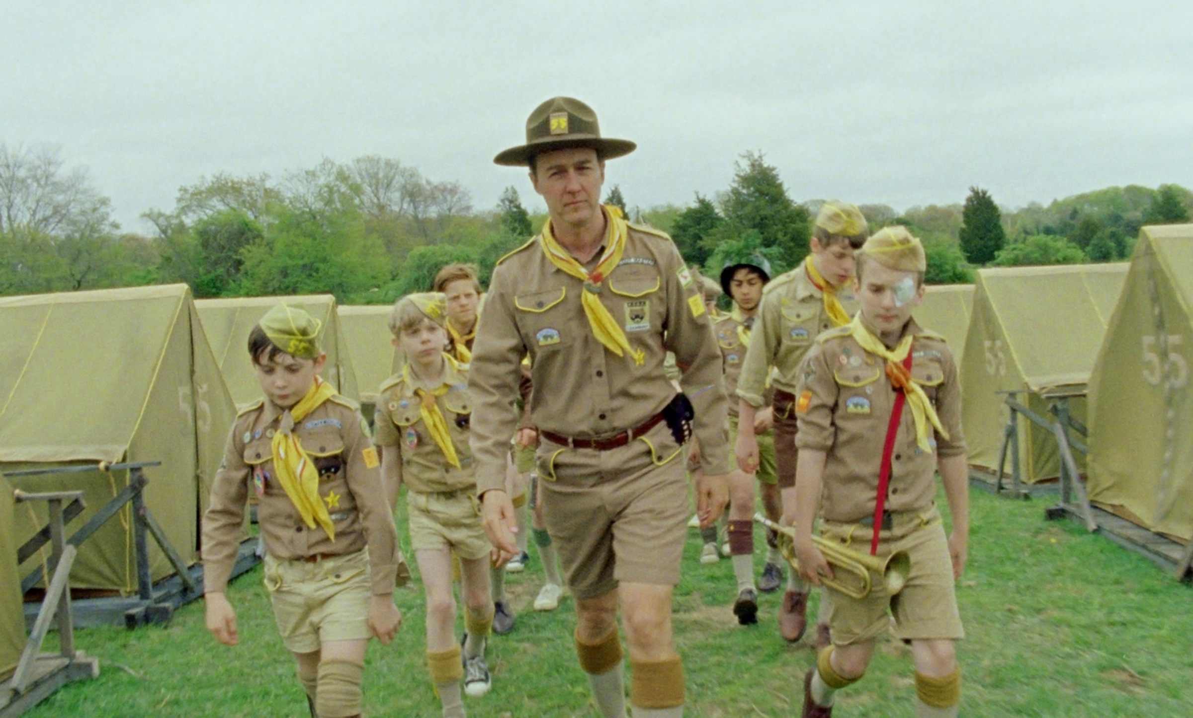 Edward Norton leads a group of young scouts in a scene from the movie "Moonrise Kingdom."