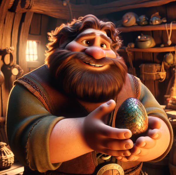 Animated character holding a magical egg inside a cozy, dimly-lit room