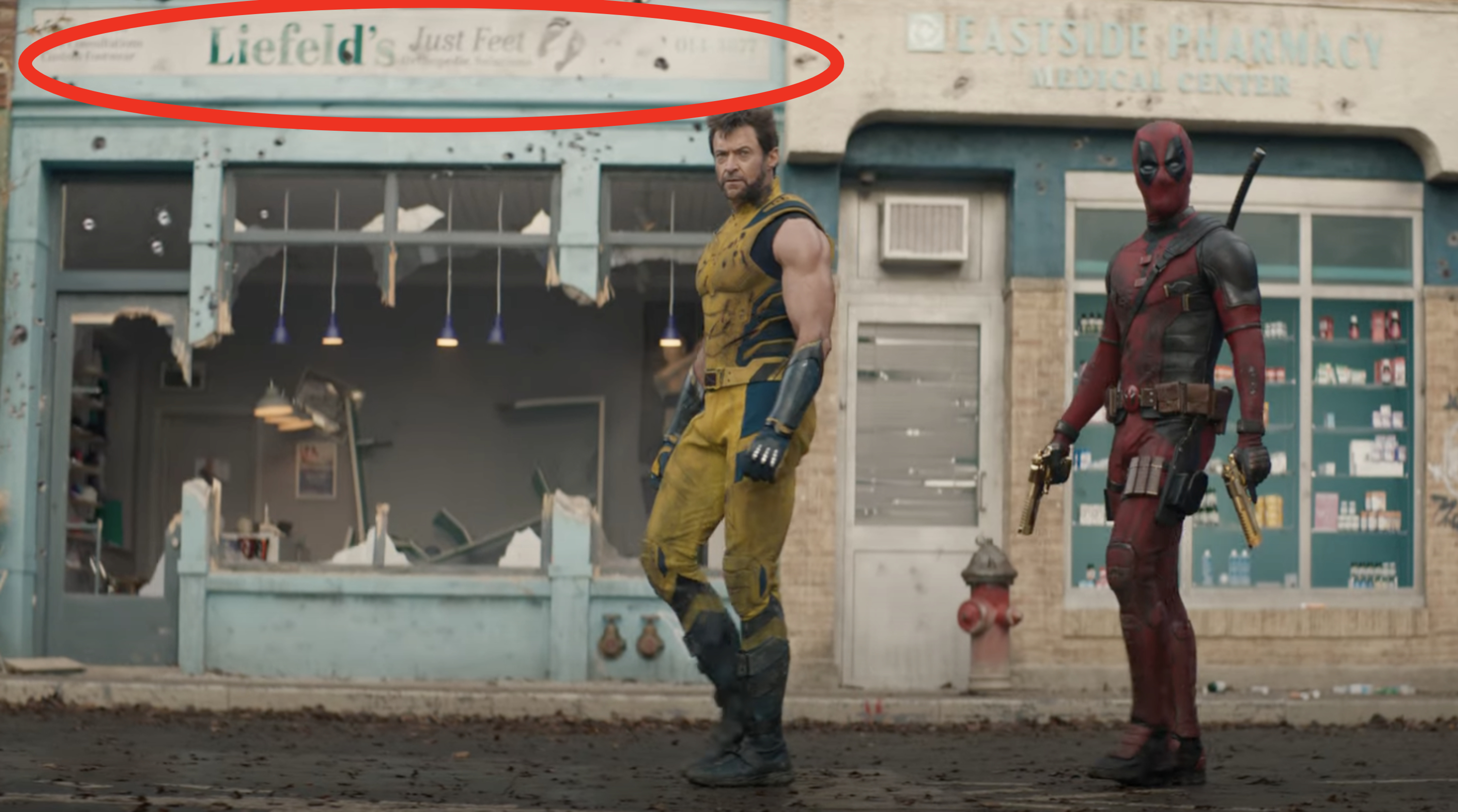 Wolverine and Deadpool stand on a seemingly damaged street in front of Liefeld&#x27;s Just Feet