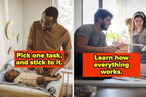 Two scenes: Left, a man changes a baby's diaper. Right, two people assemble furniture, with instructions visible. Text overlay with advice