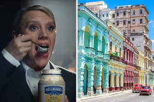 On the left, Kate McKinnon eating mayo from the jar, and on the right, a street lined with buildings with balconies