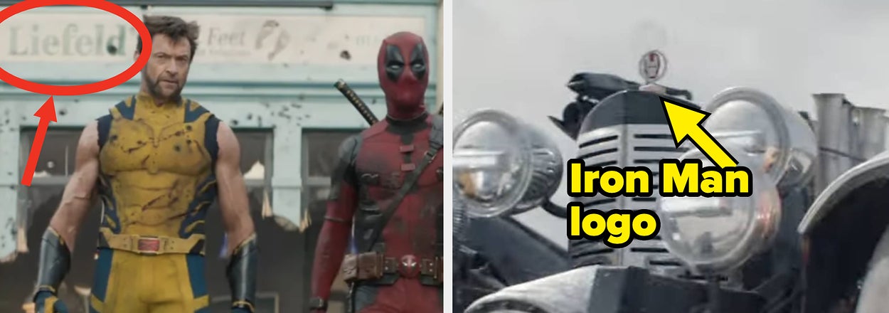 Wolverine and Deadpool stand together; a car with an Iron Man logo