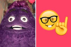 Costumed character resembling a purple furry monster next to a 'smart' emoji with glasses and raised index finger