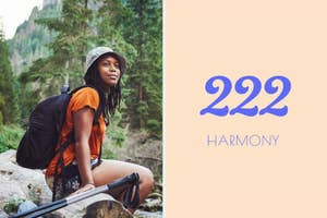 Hiker with backpack resting on a trail, looking upward. Adjacent graphic reads '222 HARMONY'