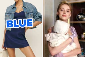 On the left, someone wearing a mini dress and a denim jacket labeled blue, and on the right, Daphne from Bridgerton holding a baby
