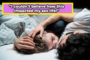 A couple lying close on a bed with an overlaid quote about personal impact on sex life